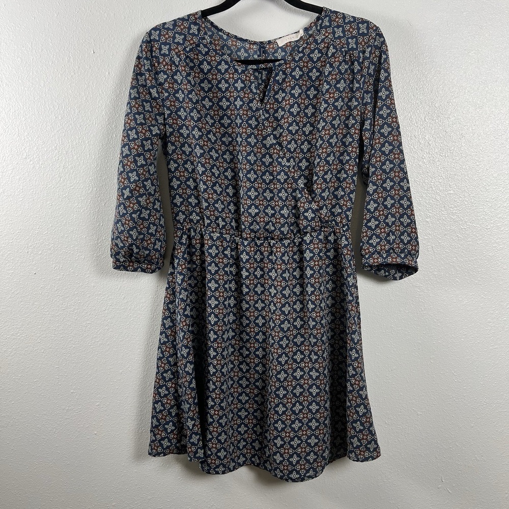 Lush Navy Geometric Medallion Surplice V-Neck Dress 3/4 Sleeve Small DR93607-001